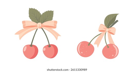 Two cherries with a bow coquette. A charming bow coquette with a pink ribbon and red cherries on a light background. A delightful Valentine's Day present.