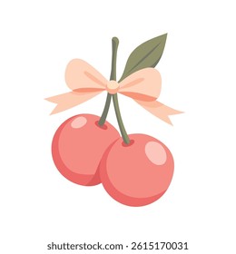 Two cherries with a bow coquette. A charming bow coquette with a pink ribbon and red cherries on a light background. A delightful Valentine's Day present.
