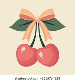 Two cherries with a bow coquette. A charming bow coquette with a pink ribbon and red cherries on a light background. A delightful Valentine's Day present.