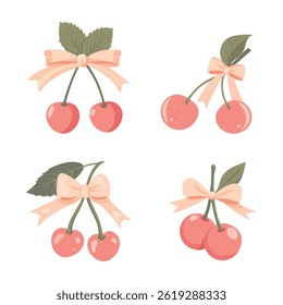 Two cherries with a bow coquette. A charming bow coquette with a pink ribbon and red cherries on a light background. A delightful Valentine's Day present.