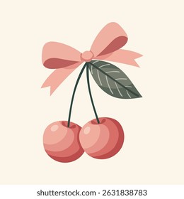 Two cherries with a bow coquette. A charming bow coquette with a pink ribbon and red cherries on a light background. A delightful Valentine's Day present.