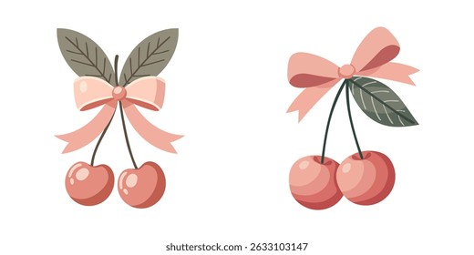 Zwei Kirschen mit einer Bogen-Kokette. Eine charmante Bugcoquette mit rosafarbenem Band und roten Kirschen auf hellem Hintergrund. Ein herrliches Valentinstag-Geschenk.