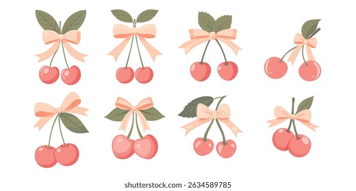 Two cherries with a bow coquette. A charming bow coquette with a pink ribbon and red cherries on a light background. A delightful Valentine's Day present.