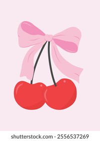 Two cherries with bow coquette.  Cute coquette aesthetic pink ribbon bow with red cherries on a light pink background. A cute Valentine's Day gift