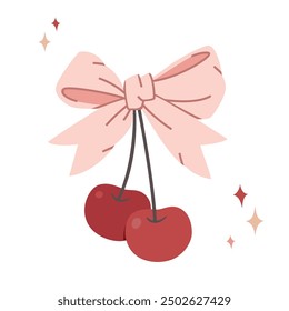 two cherries with bow coquette. y2k aesthetic. hand drawn vector. pink ribbon item. cute valentine gift