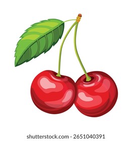 Two cherries in cartoon style. Vector illustration of sweet, fresh cherry with green leaves isolated on white background. Healthy lifestyle. Healthy eating. Summer berries.