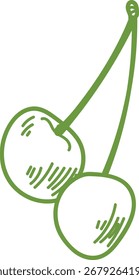 Two cherries connected by a stem in a hand-drawn style. The sketch features simple lines and minimal detail. Cartoon vector illustration.