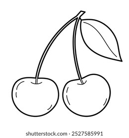 Duas cerejas. Desenho de contorno. Ilustração de contorno preto branco, isolado no fundo branco. Elementos de design ou página do livro de colorir para crianças