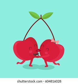 Two cherries falling in love. Funny cherries. Vector illustration. Flat style. Comic characters. Use for card, poster, banner, web design.