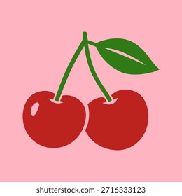 Dos cerezas con hoja verde sobre fondo rosa. Ilustración de fruta de Vector plano para verano, diseño de alimentos y obras de arte decorativas