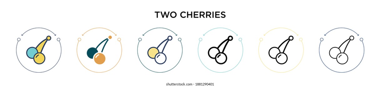 Two cherries icon in filled, thin line, outline and stroke style. Vector illustration of two colored and black two cherries vector icons designs can be used for mobile, ui, web