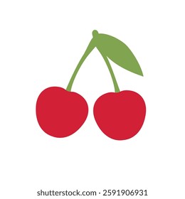 Two cherries icon, minimal flat design, red fruit with green stem