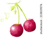 Two cherries illustration with watercolor splashes, vector image