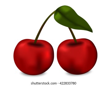 two cherries isolated from green leaf
