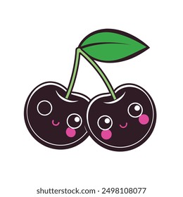 Two cherries with leaf vector clipart - cartoon, line art, and printable design