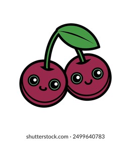 Two cherries with leaf vector clipart - cartoon, line art, and printable design