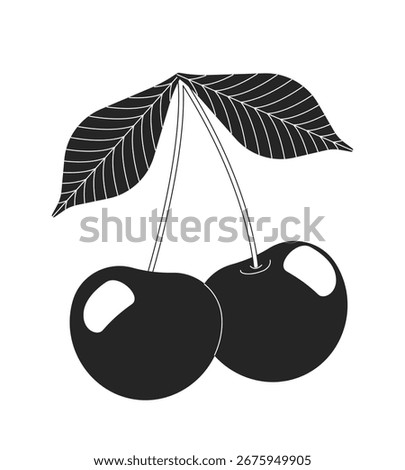 Two cherries with leaves and stems 2D black filled line object. Fresh fruit, summer produce. Sweet berries snack. Ripe cherry cluster isolated clipart vector ink item. Monochrome spot illustration
