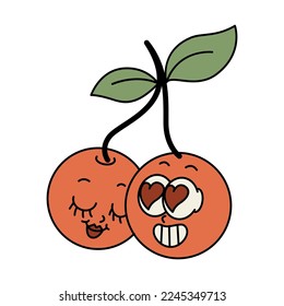 Two cherries in love. Happy and cheerful emotions. Old animation 60s 70s, smiled mascot character. Trendy Valentine's Day illustration in retro style. Vector on isolated background.