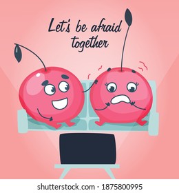 
Two cherries in love, watching a movie. Cute background. Illustration with an inscription for valentine's day, for cards, banners and flyers