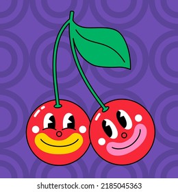 Two cherries on a branch. Funny cartoon characters in retro animation style. Vector cute illustration in flat vintage comic design.