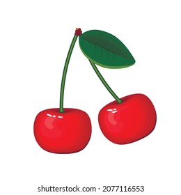 Two cherries on a branch with a leaf drawn in 3D.Cartoon ripe juicy fruits isolated on a white background. Suitable for decorating cards, banners, covers,template for patterns.Vector illustration.