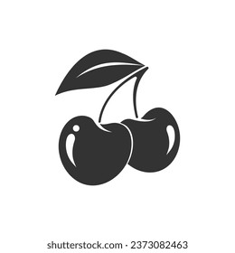 Two cherries on a branch with a leaf. Black silhouette on a white background.