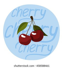 two cherries on a branch with leaves on neutral light blue background with the inscription