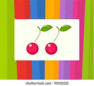 Two cherries on colorful striped background. Vector illustration