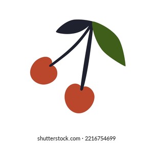 Two cherries on stem, branch with leaf. Red fresh ripe fruits. Berries hanging on twig. Sweet natural food. Flat vector illustration isolated on white background