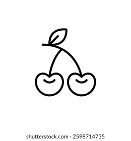 Two cherries on stick with leaf. Groceries shopping, farmer market fresh green products. Buying fruits. Pixel perfect, editable stroke vector icon