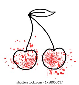 Two cherries on a twig, black silhouette of a cherry with red watercolor splashes. Vector graphics