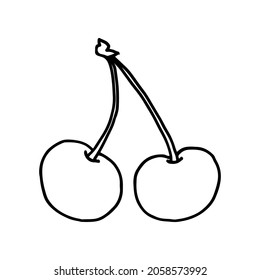 Dos cerezas sobre una ramita en forma de doodle. Ilustración dibujada a mano.