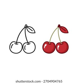 Two cherries, one in color and one in black outline, isolated on