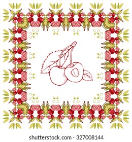 Two cherries painted in thin lines. One cherry cut in half. Visible veins on the leaves. Branches connected with handle. Frame with decorative cherries, leaves. Light air napkin
