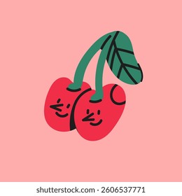 Two Cherries with smiley faces. Double cherry cute character. Sweet red cherries with a green leaf. Hand drawn modern Vector illustration. Isolated design element. Logo, print, poster, design template