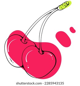 Two cherries with stem outline. Stylish sketch with abstract colored spots. Black lines with stain, blot. Vector hand drawn modern illustration isolated on white. Fruit design for print, logo