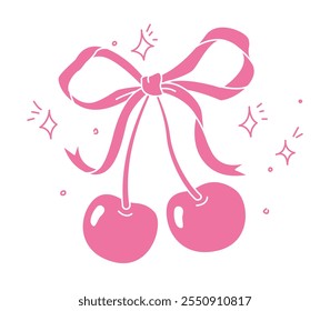 Two cherries Tied together with a decorative Ribbon Bow. Cute Valentine gift. y2k aesthetic.  Vector  illustration with Pink Coquette Cherries, stars and bow in retro style