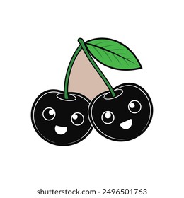 Two Cherries Vector Illustration - Cartoon, Clipart, Line Art Design