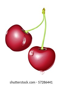 Two cherries with water drops. Vector illustration. Gradient only. No mesh.