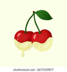 Dos cerezas en chocolate blanco.Ilustración vectorial
