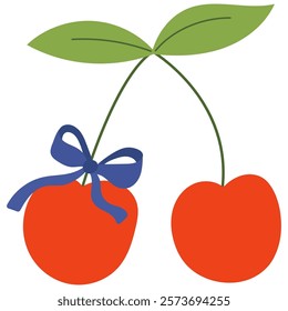  Two cherry berries with blue bow. Perfect for whimsical and playful designs. Cute vector illustration of cherry