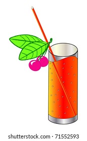 Two cherry berries with glass on white background.