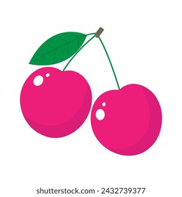 Two cherry berries with a leaf isolated on a white background. Vector illustration. Colored icon. Scalable to any size. Vector Illustration EPS 10 File.