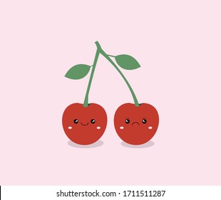 two cherry cartoon design, one smiling, the other pouting