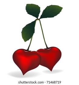 Two Cherry hearts  on white background