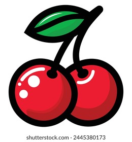 Two cherry with leaf vector icon. Red berry logo. Color flat style design pictogram or sign. Fruit illustration.