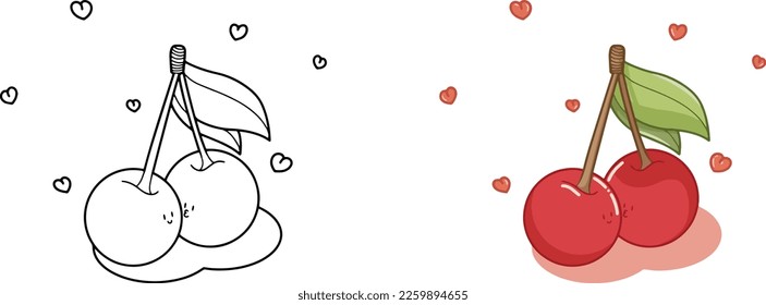 "Dos cerezas en el amor" Vector Ilustración para la tarjeta de San Valentín - contornos de frutas, contornos - bonito diseño para logo, parche, pegatinas, icono 