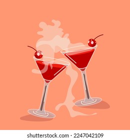 Two cherry martini cocktails for Valentine's Day. A glass glass with a cherry and smoke from cold ice. An illustration for a party on an abstract background. Vector illustration. Suitable for banner