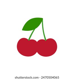 Two cherry together. A pair of large cherries with a leaf. Vector illustration on white background. 