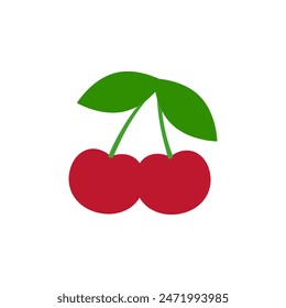 Two cherry together. A pair of large cherries with a leaf. Vector illustration on white background. 